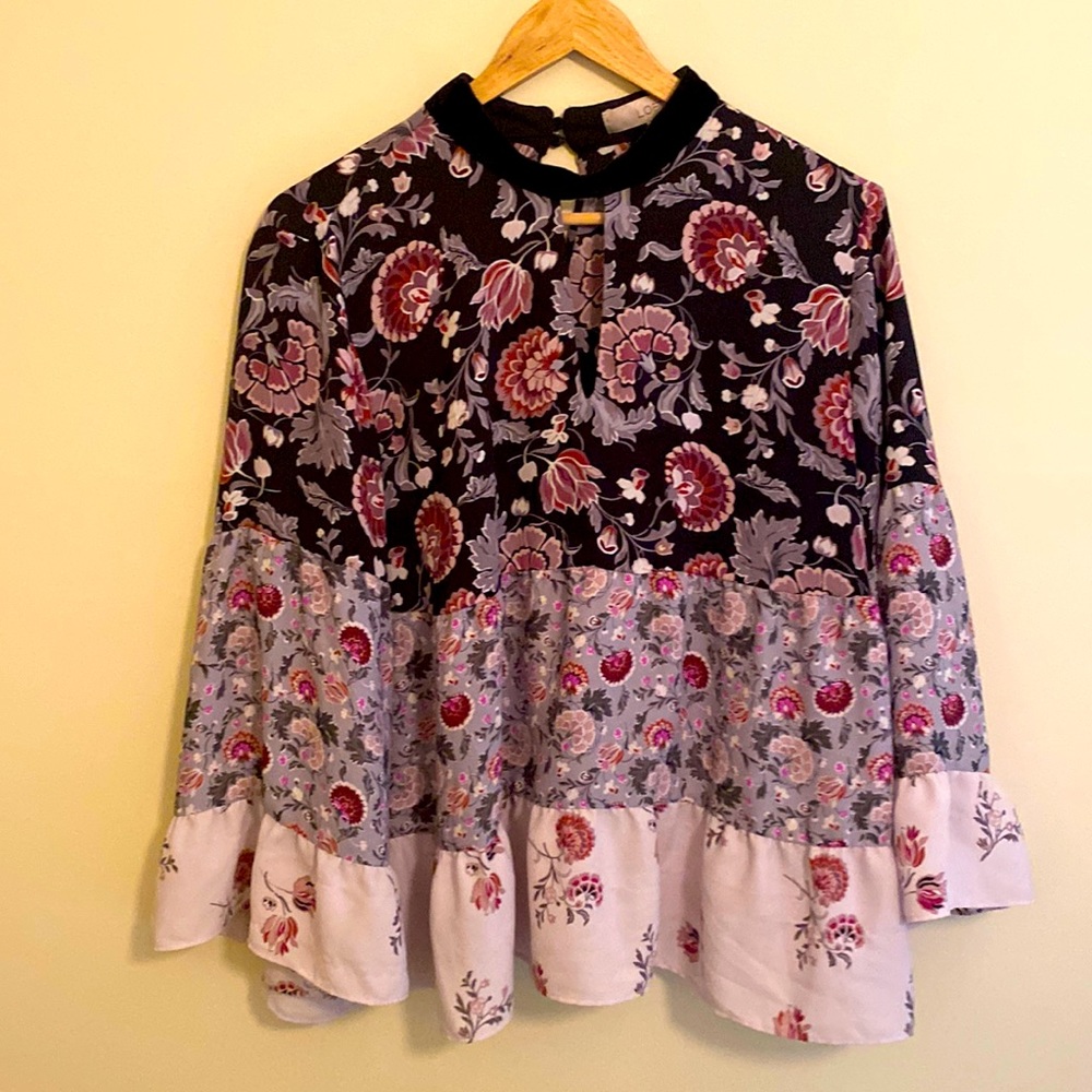Ann Taylor Loft Top Medium Floral Bell Sleeve Velvet Choker
